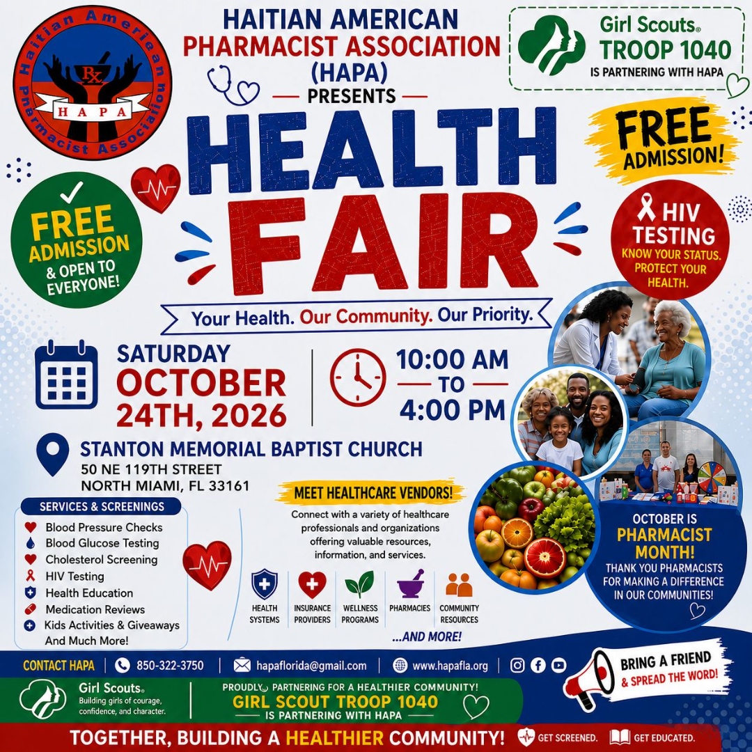 HAPA Health Fair 2026 flyer — Saturday, October 24, 2026, 10 AM to 4 PM, Stanton Memorial Baptist Church, North Miami. Free admission, open to everyone.