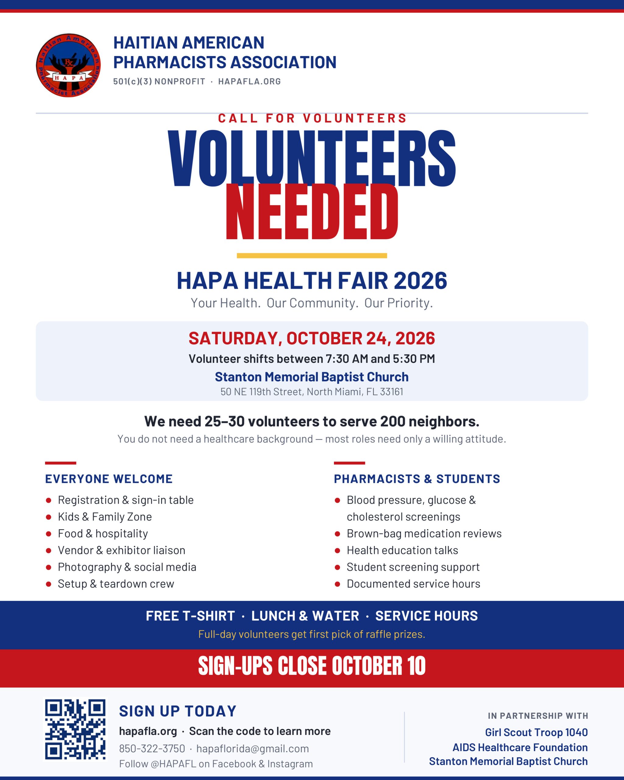 HAPA Health Fair 2026 volunteers needed flyer — 25 to 30 volunteers, shifts between 7:30 AM and 5:30 PM, sign-ups close October 10.